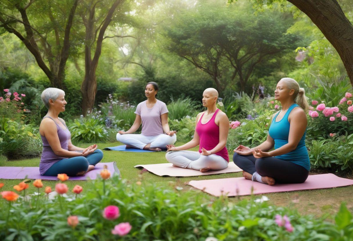 A serene scene depicting a diverse group of cancer warriors participating in a therapeutic garden therapy session, surrounded by lush greenery and blooming flowers. They are engaging in mindfulness practices, while supportive friends and family members offer encouragement. Subtle elements representing holistic health such as yoga mats, healthy foods, and supportive quotes in the background. The atmosphere conveys hope, resilience, and empowerment. vibrant colors. super-realistic.