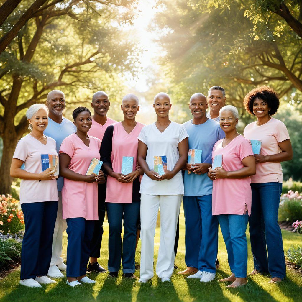 A powerful, uplifting scene of a diverse group of cancer warriors standing together, radiating strength and resilience. The background features a sunlit garden symbolizing hope and healing, with support symbols like ribbons and hearts interspersed. Each person holds a unique item representing their journey, like a book or a wellness tool. The atmosphere is filled with warm, inviting colors that evoke positivity and encouragement. super-realistic. vibrant colors. soft focus.