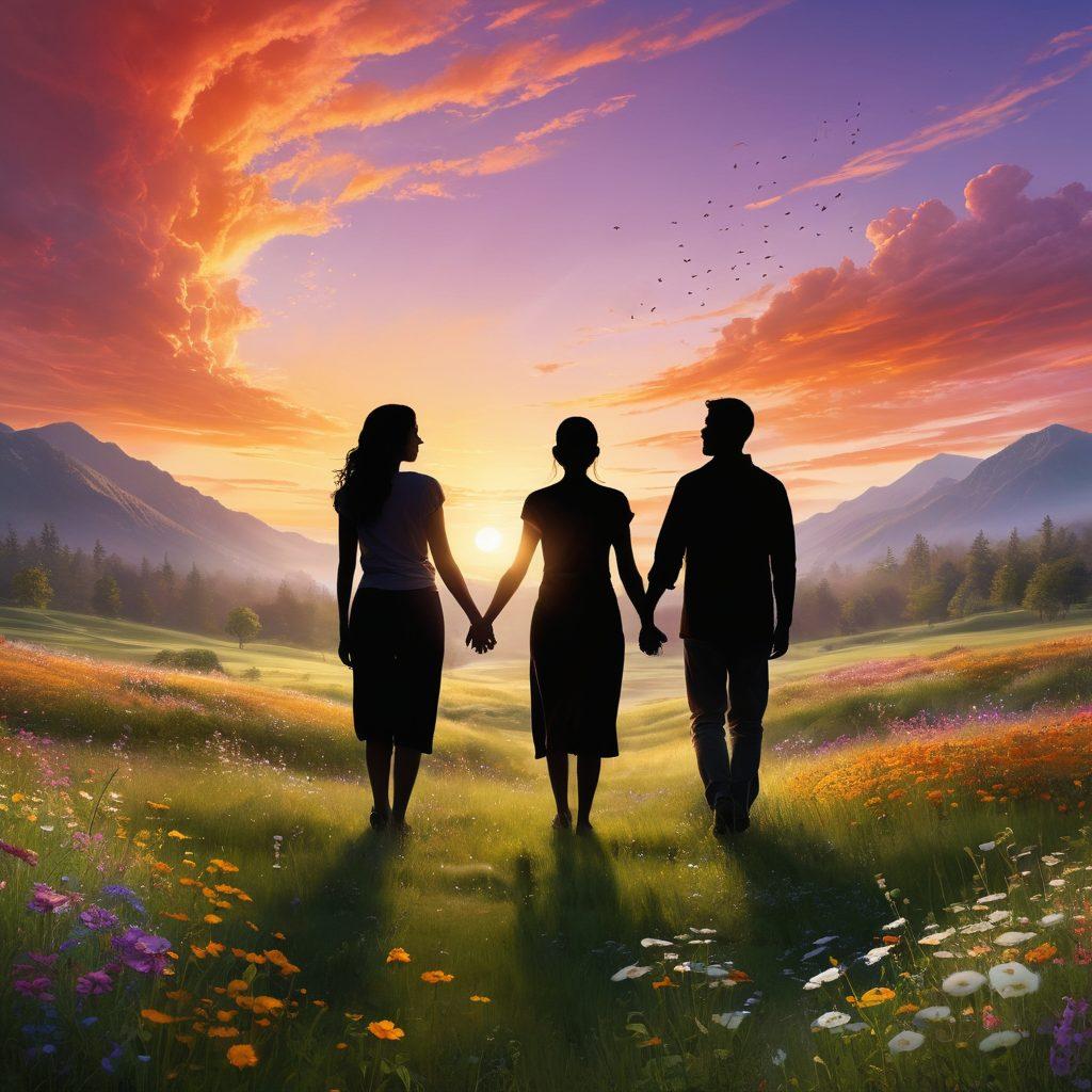 A serene landscape featuring a sunrise over a peaceful meadow, symbolizing hope and healing. In the foreground, diverse individuals represented as silhouettes, sharing stories and embracing each other in support. Elements of nature, like blooming flowers and gentle streams, to enhance the sense of holistic healing. Warm, uplifting colors to evoke feelings of triumph and resilience. super-realistic. vibrant colors.